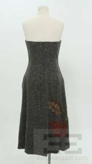   & Grey Wool Tweed & Suede Leaf Applique Corset Dress Sz 42  