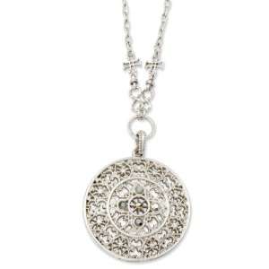    Silver tone, round black crystal medallion necklace Jewelry