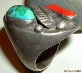 HUMONGOUS/HEAVY STERLING SOUTHWEST TURQUOISE/CORAL RING  
