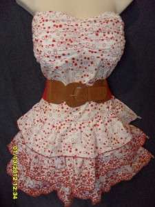 WHITE red POLKA DOTS 3X mini SUN DRESS crochet BELT tiered TUBE summer 