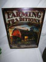 Metal Sign Farming Traditions Red Barn Tractor Hay Wagon At Sunset 