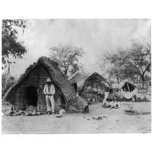  Man, woman, 4 children and thatched huts, Mexico