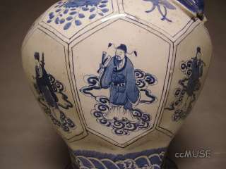 EXQUISITE BIG B&W OCTAGONAL CHINESE PORCELAIN POT 21H  