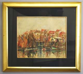 nice Flemish watercolor depicting boats in a marina by 