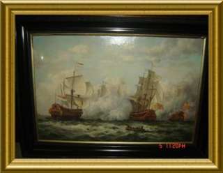 ANTIQUE SIGNED *PONTIER* LARGE! GALLEONS PIRATE SHIPS BATTLE IN THE 