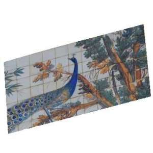 Hand Painted Art Tile : Peacock on a Tree Wall Mural 77 Hand Decorated 
