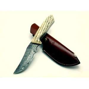 C511) Custom Damascus Hunting Knife   Elk Antler Handle  