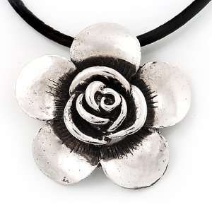  Burn Silver Rose Flower Pendant On Leather Cord   40cm 