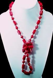 MODERN Long Bright RED Lucite Bead Single Strand Necklace  