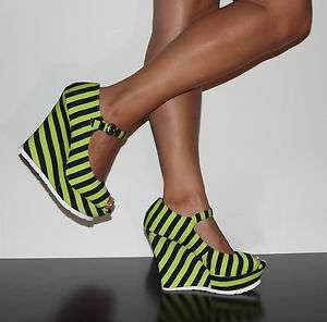 Womens Wedge Heel Platform Neon Green Black Stripes Fahrenheit Larissa 
