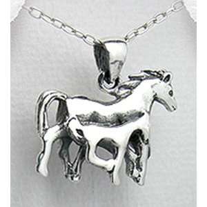    925 Sterling Silver Mare w Colt Horse Pendant Necklace Jewelry