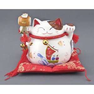  Maneki Neko Lucky Cat with Drum Ceramic Figurine   6h 