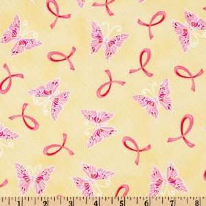  45 Wide Pink Ribbons of Hope Butterfly Yellow Fabric By 
