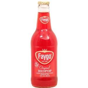 Faygo original redpop, strawberry flavored soda, 12 fl. oz. glass 