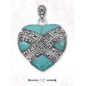 Sterling Silver Genuine Created Turquoise Heart Marcasite Rings Bail 