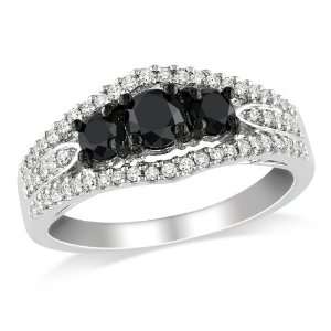 Sterling Silver 1 CT TDW Black and White Diamond 3 Stone Ring (G H, I2 