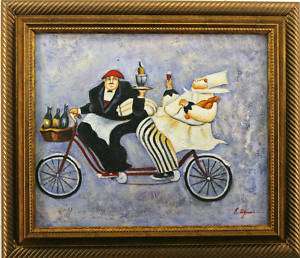 Chef bicycle wine bread bottles art FRAMED OIL PAINTING  