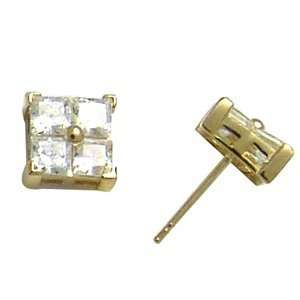  14KT 4 Square Cubic Zirconia Post Earring Jewelry