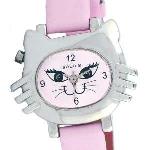 Solo Girls Pink Cat Kitten Watch Polished Steel Tone Case Pink Dial 