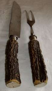 Vintage SET 2~ SOLINGEN Germany CARVED ANTLER BONE HANDLE KNIFE~FORK 