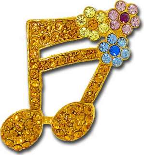NEW MUSIC NOTE with FLOWERS Rhinestone Brooch Pin  