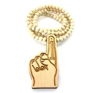   Hand Sign Pendant with a 36 Inch Wood Beaded Necklace Symbol Jewelry