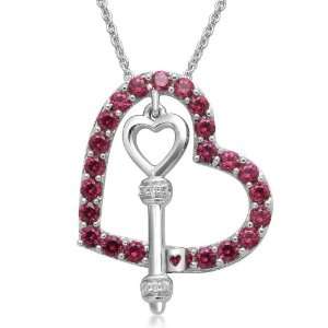 Sterling Silver Round Created Ruby Heart Pendant Necklace with Diamond 