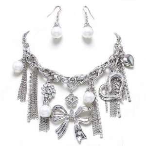  Chunky Silvertone Bow, Hearts, Tassels, Faux Simulated Pearls 