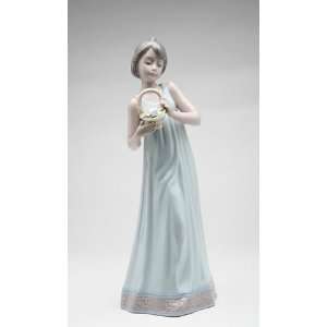 Girl in Long Blue Dress w/ Short Hair Holding a Flower Basket Figurine 