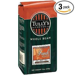 Tullys Coffee Decaf French Roast, Whole Bean , 12 Ounce Bags (Pack of 