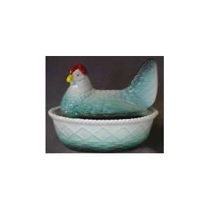  5 Glass Painted Sky Blue & Black Chicken on Basket 