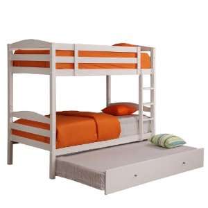  Twin Size Wood Bunk Bed with Trundle in White Finish