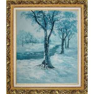 River Passing by Snow Covered Field Oil Painting, with Ornate Antique 