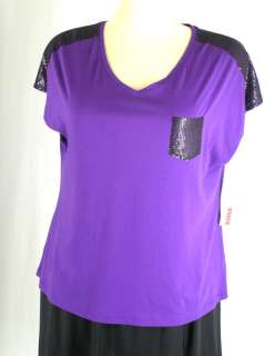 Elle Stretch Jersey Purple Black Sequin Shirt Top 1X 2X  