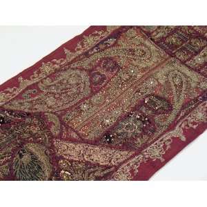 Brown Home Decor Runner India Tapestry Vintage Dabka Work Fabric Wall 