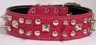 23 FUSCHIA Leather Spiked Dog Collar 1.5 Wide FB3  