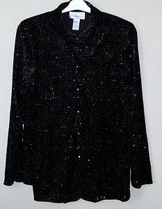 Susan Graver Velvet Sparkle Dot Button Front Big Shirt MEDIUM BLACK 