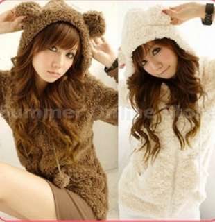 Korea Women Warm Plush Fleece Cartoon Bear Ear Hoodie Outerwear Jacket 