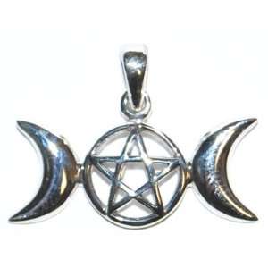 Sterling Silver Triple Moon Pentagram Pentacle Pendant Wicca Wiccan 