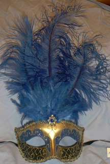 Blue Gold Venetian Feather Mask Mardi Gras Masquerade  