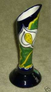 Mexican Art Pottery VASE Blue Calla Lily Flowers  