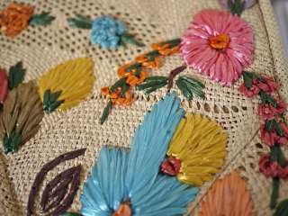 Vintage 70s Woven STRAW Hippy Floral Embroidered SHOUDLER PURSE Tote 