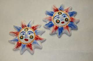 Pair of Mini Mexican Suns Folk Art Ceramic Clay Sun Wall Art 5.5 