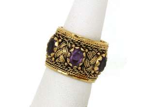 INTRICATE VINTAGE 14K GOLD & AMETHYST WIDE BAND RING  