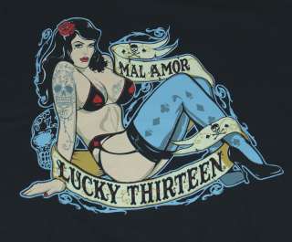 Lucky 13 Floral Skull Mal Amor Pin Up Girl Cards T Shirt Tee  