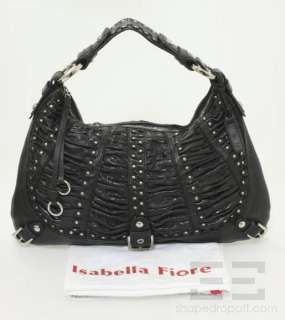 Isabella Fiore Black Embossed Ruched Leather & Silver Studded Hobo Bag 