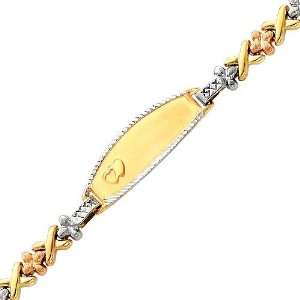 : 14K 3 Tri color Diamond Cut Stampato Oval ID Bracelet with Lobster 