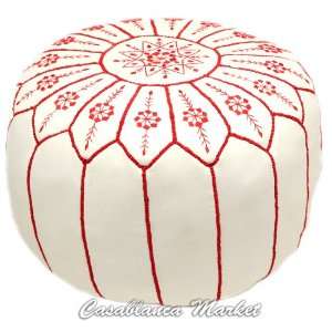  Moroccan Embroidered Leather Poof, Pouf, Red on White 