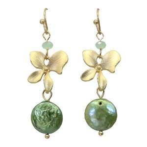 Freshwater Pearl Floral Dangle Drop Earrings Gold Green Jewelry