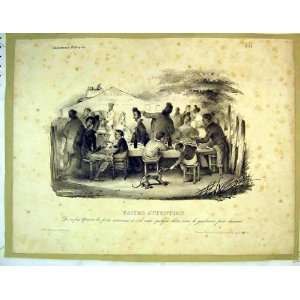   Antique French Print Banquet Table Dinner Family Dog
